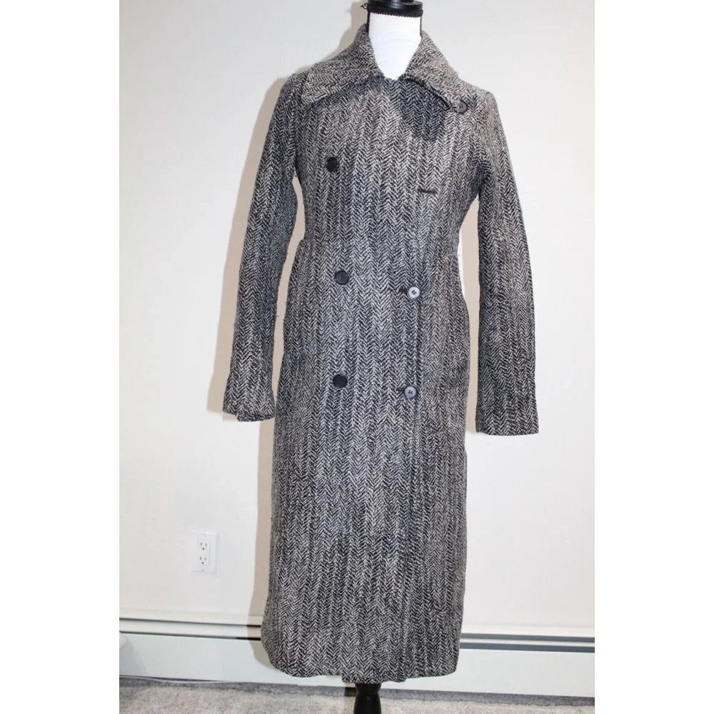 All Saints Aren Coat Size 4 Wool Hepburn Steampunk Modern Minimalist Herringbone - Picture 5 of 11